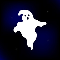 Vector Illustration. Ghost cartoon style. Spooky icon on sky background with stars