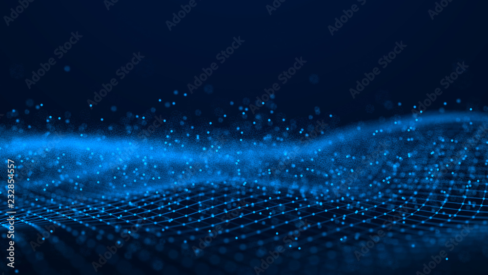 Aufkleber Wave of particles. Futuristic blue dots background with a dynamic wave. Big data. 3d rendering.