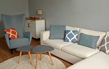 Fototapeta na wymiar Upholstered furniture in a living room interior. Scandinavian style