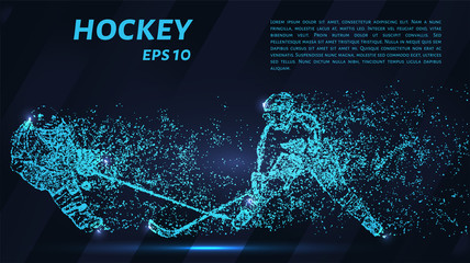 A hockey game consists of points. Particles in the form of a hockey player on a dark background. Vector illustration. Graphic concept of hockey.