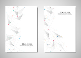 Vector brochure or cover design. Geometric abstract background with connected dots and lines. Molecular structure and communication. Digital technology background and network connection.