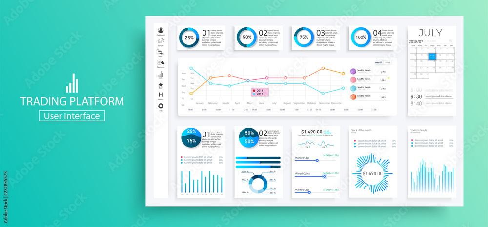 Leinwandbilder infographic dashboard. admin panel interface with green charts, graphs and diagrams. website design 