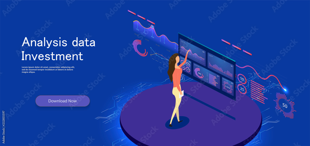Aufkleber flat design concept business strategy. 3d isometric flat design. analysis data and investment. busin