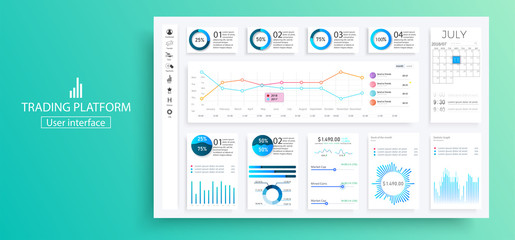 	 Infographic dashboard. Admin panel interface with green charts, graphs and diagrams. Website design vector template graph and diagram infographic, vector illustration