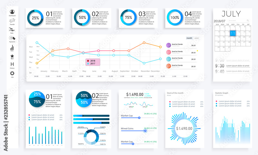 Poster infographic dashboard. admin panel interface with green charts, graphs and diagrams. website design 