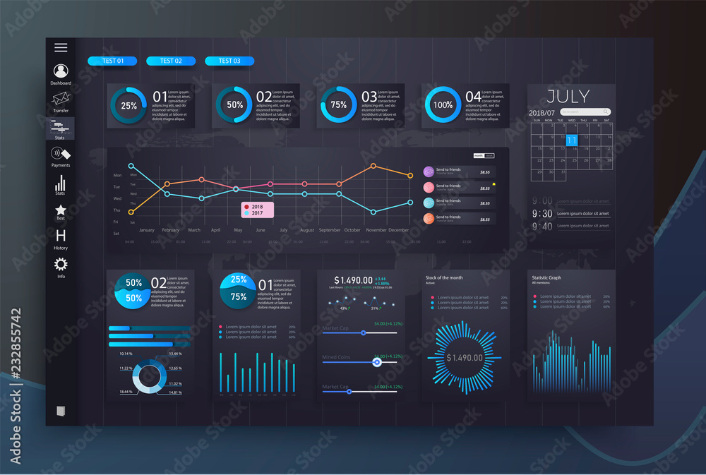 Poster Infographic dashboard template with flat design graphs and charts. Processing and analysis of data. Modern modern infographic vector template with statistics graphs and finance charts