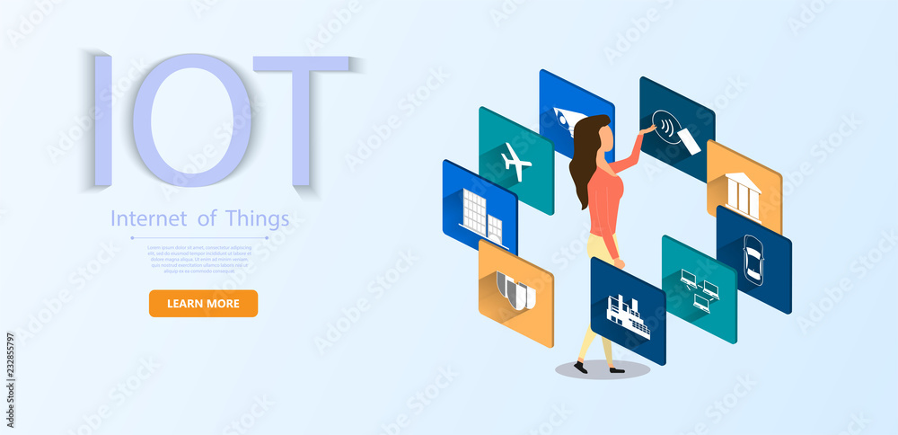Poster internet of things (iot) and networking concept for connected devices. the girl involves in 