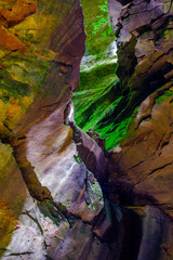 Colorful sandstone rocks and cliffs with live ferns in the deep gorges and rocky valley