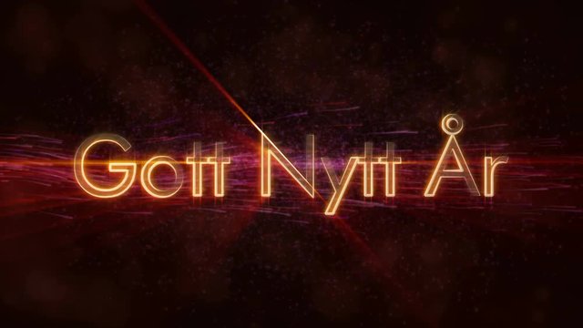 "Happy New Year" text in Swedish "Gott Nytt Ar" loop animation over dark animated background