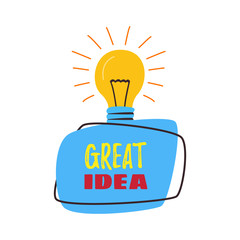 The lamp is shining. The inscription is a great idea. Cartoon vector. Concept of creative idea.