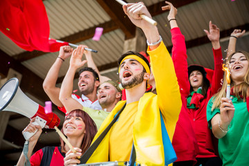 Fototapeta premium Football supporters at the stadium - Football fans having fun and looking at football match