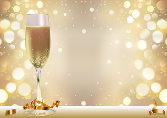 Golden Bokeh Background with Champagne Glass and Golden Confetti - Happy New Year or Holiday or Festive or Celebration Illustration, Vector