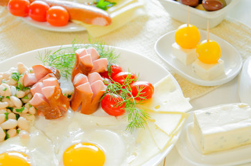 Beautiful breakfast with sausage, egg, tomatoes and beans