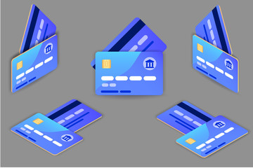 Set of template Credit Cards set. Blue color. Isometric projection front and back. Two sides. Vector