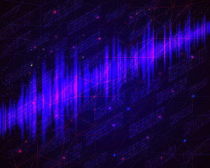 Technology background.  Blue glowing data flow as binary numbers. Computer code representation. Cryptographic analysis, hacking. Bitcoin, blockchain transfer. Pattern of program matrix code. Vector