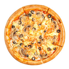 Pizza flat lay isolated on white background. Top view pizza with cheese, mushrooms and olives.