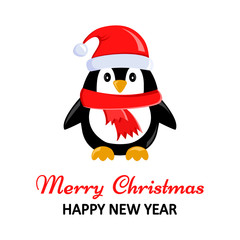 Christmas greeting card with cute penguin. Vector illustration