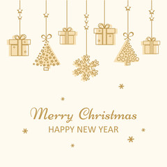 Christmas greeting card. Golden Christmas toys hanging. Vector illustration