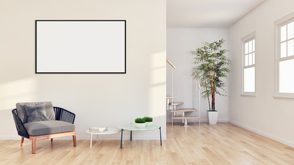 Modern bright interiors with mock up poster frame illustration 3D rendering computer generated image