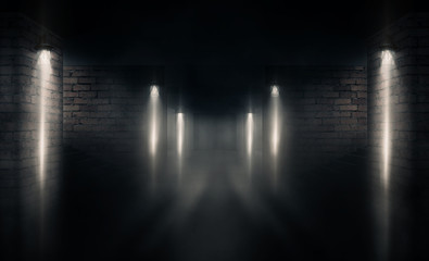Background of an empty room with brick walls and concrete floor. Empty room, stairs up, piles, smoke, smog, neon lights, lights