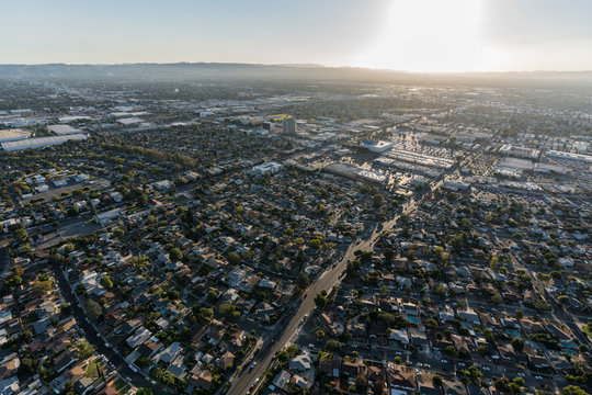 Late afternoon aerial view towards North Hollywood in the San Fernando Valley region of Los Angeles, California.