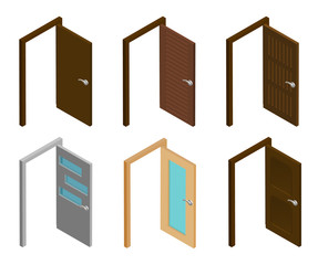 Isometric door. Collection of isometric open doors with handle. Flat 3d modern, house or office, wooden, white doors. House entrance architecture elements flat icon set isolated vector illustration