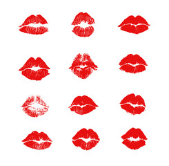 Red lipstick kiss on white background. Realistic vector illustration. Image trace. Love