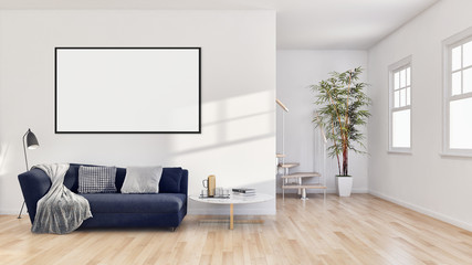 Modern bright interiors with mock up poster frame illustration 3D rendering computer generated image
