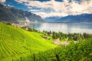 Fotobehang Montreuxstad met Zwitserse Alpen, meer Genève en wijngaard op Lavaux-gebied, Kanton Vaud, Zwitserland, Europa. © Eva Bocek