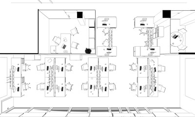 office contour visualization, 3D illustration, sketch, outline