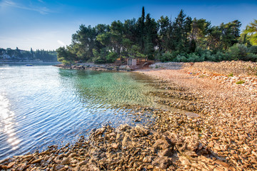 Pebble beach on Brac island with pine trees and turquoise clear ocean water, Supetar, Brac, Croatia