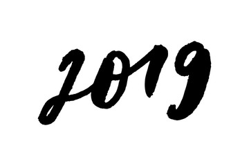 Greeting card design template with chinese calligraphy for 2019 New Year of the Pig. Black number 2019 hand drawn lettering on white vintage subtle grunge background. Vector illustration