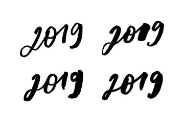 Greeting card design template with chinese calligraphy for 2019 New Year of the Pig. Black number 2019 hand drawn lettering on white vintage subtle grunge background. Vector illustration
