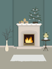 Fragment of the living room, decorated with Christmas decorations. There is a fireplace, a vase with decorative branches, Christmas tree with balls and gift boxes in the picture. Vector illustration