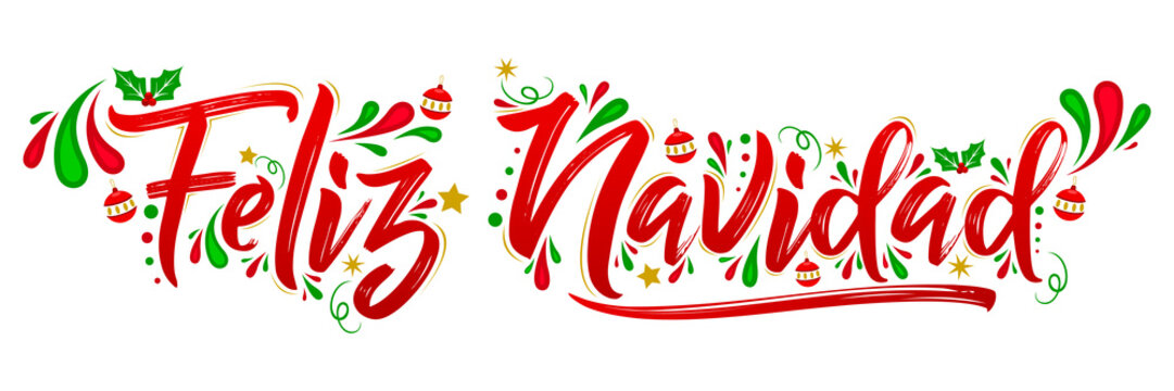 Feliz Navidad, Merry Christmas spanish text holiday lettering vector illustration