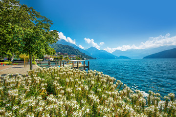 Fototapeta na wymiar Village Weggis, lake Lucerne (Vierwaldstatersee), Pilatus mountain and Swiss Alps in the background near famous Lucerne (Luzern) city, Switzerland