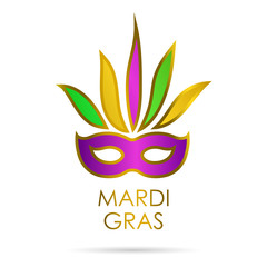 Carnival mask with gold, green and violet colors with lettering Mardi Gras. Isolated on white background