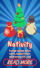 Nativity concept banner. Isometric banner of nativity comics vector concept for web, giftcard and postcard