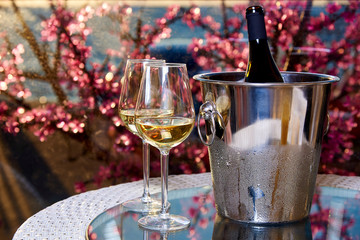 Two glasses of white cold wine on a glass table on the background of the  flowers.