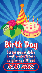 Birth day concept banner. Isometric banner of birth day comics vector concept for web, giftcard and postcard