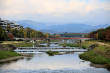 Fototapeta na wymiar Beautiful morning light reflects off water flowing down Kamo River on fall day in Kyoto