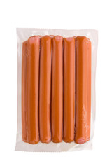 Sausages in vacuum packaging on a white background. A pack of sausages from a store isolated on a...