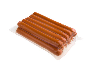 Sausages in vacuum packaging on a white background. A pack of sausages from a store isolated on a white background.