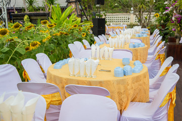 table set for wedding or another catered event dinner, luxury wedding table setting for fine dining at outdoors