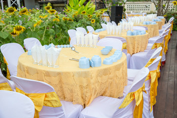 table set for wedding or another catered event dinner, luxury wedding table setting for fine dining at outdoors