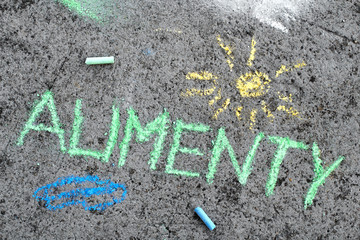 Colorful chalk drawing on asphalt: Polish word ALIMONY and yellow sun - obrazy, fototapety, plakaty
