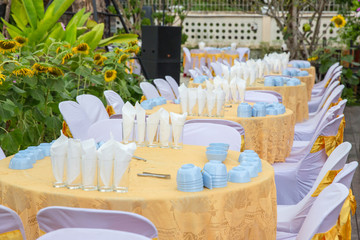 table set for wedding or another catered event dinner, luxury wedding table setting for fine dining at outdoors