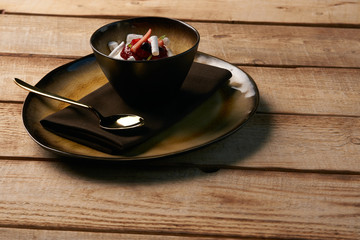 Estonian sweet dessert Kama with yoghurt mousse, wild berries an