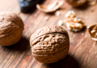 Walnuts on wood.
