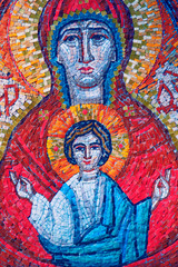 Fototapeta na wymiar An ancient mosaic image of Virgin Mary with Jesus Christ. Religion, Christianity, faith concept.